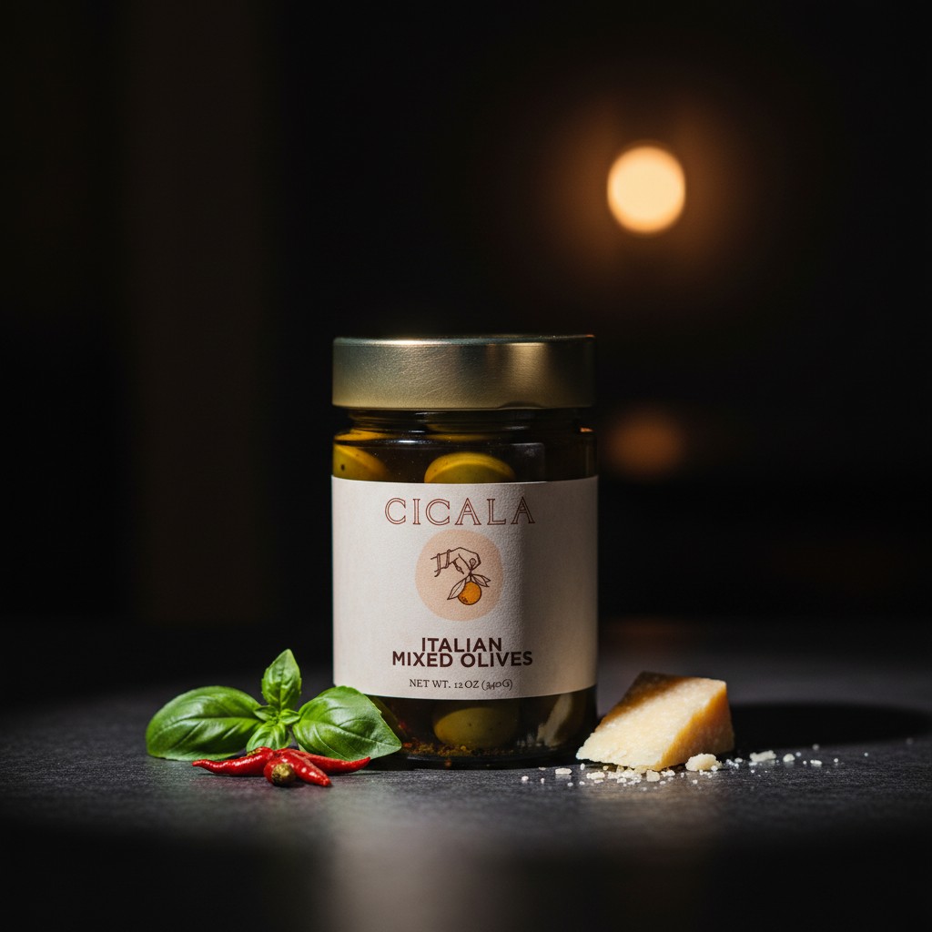 A jar of Cicala Italian mixed olives.