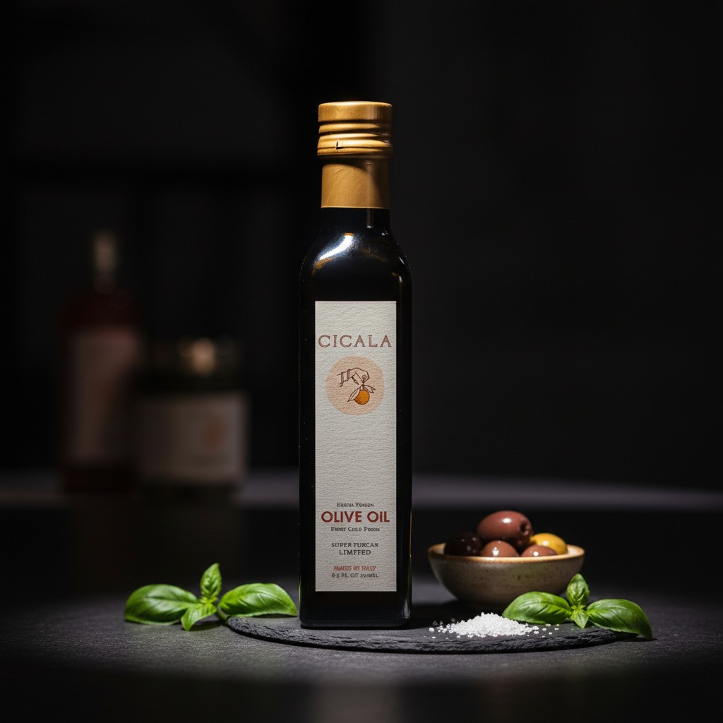 The larger bottle of Cicala extra virgin olive oil.