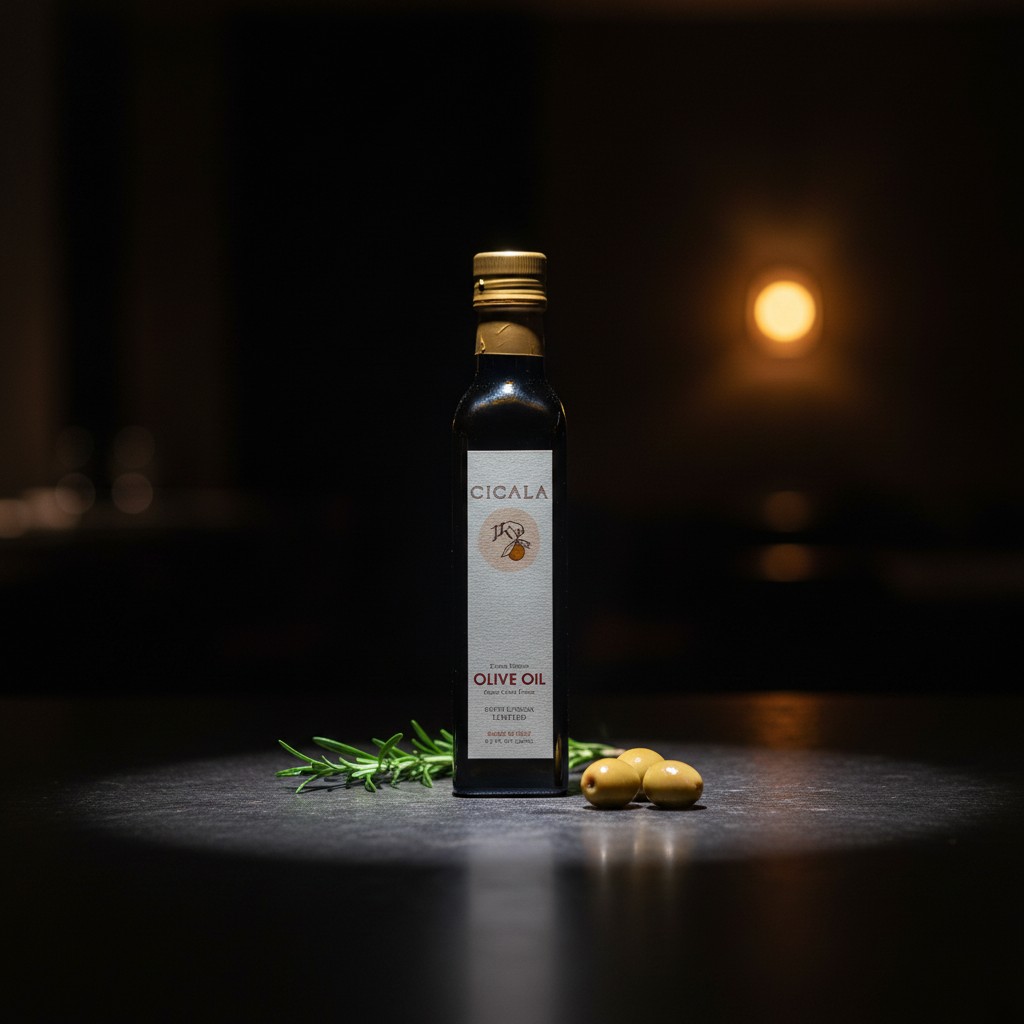 The smaller bottle of Cicala extra virgin olive oil.