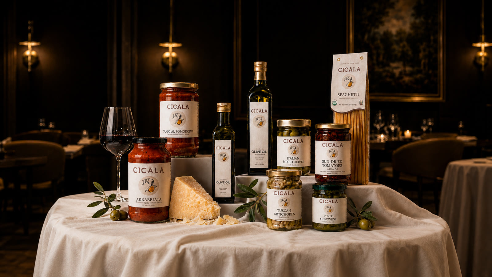 The full Cicala pantry range arranged on a draped table.