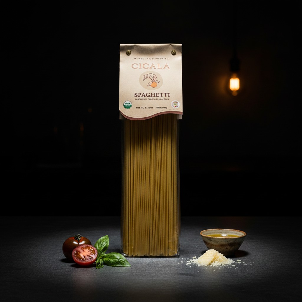 Cicala bronze-cut spaghetti in its paper wrapper.