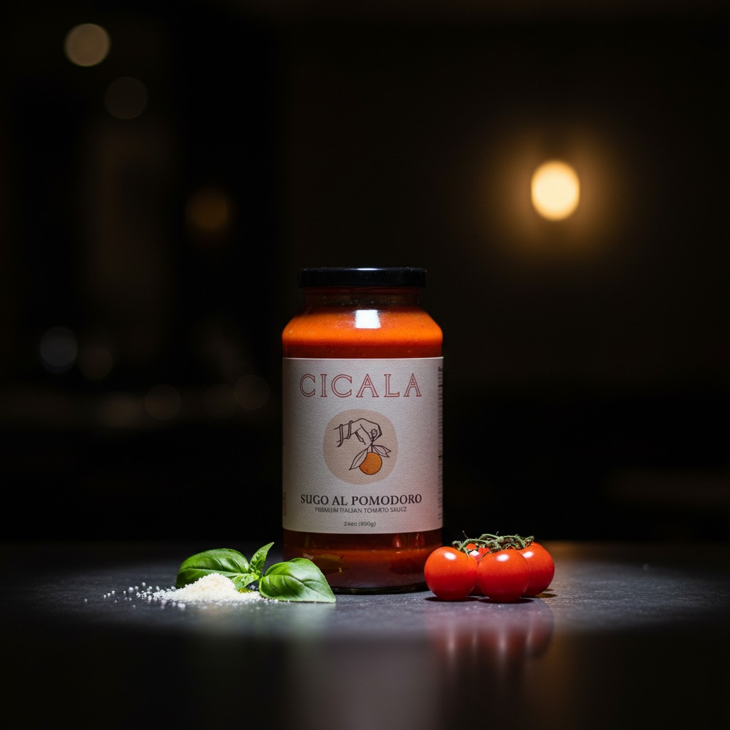 A jar of Cicala Sugo al Pomodoro with basil and vine tomatoes.