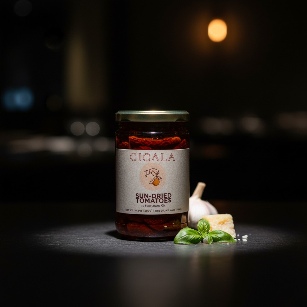 A jar of Cicala sun-dried tomatoes in olive oil.