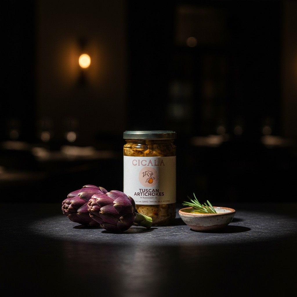 A jar of Cicala marinated Tuscan artichokes.