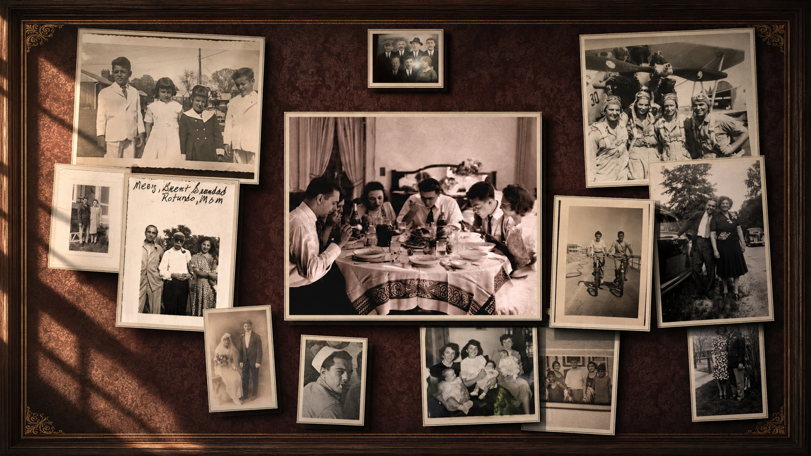 Framed family photographs arranged on a patterned wall: a family at dinner, a wedding portrait, children in their Sunday best, women in flight overalls beside a biplane, and couples photographed through the decades.